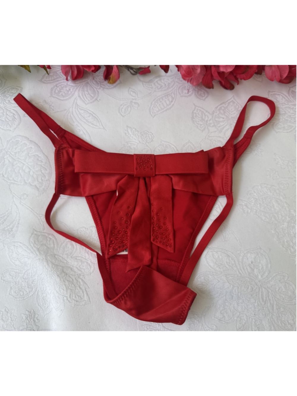 VICTORIA'S SECRET M RED SILKY OPEN BACK BRAZILIAN THONG BOW BLING PANTIES NWT
